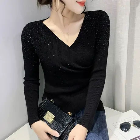 交叉v领打底衫女春秋新款时尚烫钻针织衫长袖上衣不规则修身毛衣图片