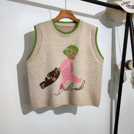 学院风针织马甲女秋冬新款宽松圆领减龄卡通无袖坎肩毛衣背心外套商品大图