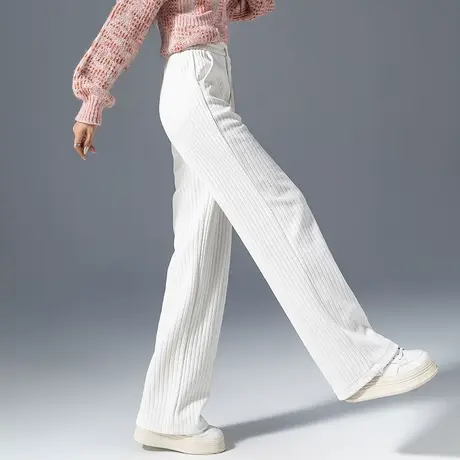 窄版高腰阔腿裤女2023新款春秋女裤针织条纹裤子休闲裤白色直筒裤商品大图