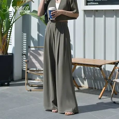 阔腿裤女高腰垂感夏季新款洋气设计感宽松休闲薄款直筒拖地长裤子商品大图