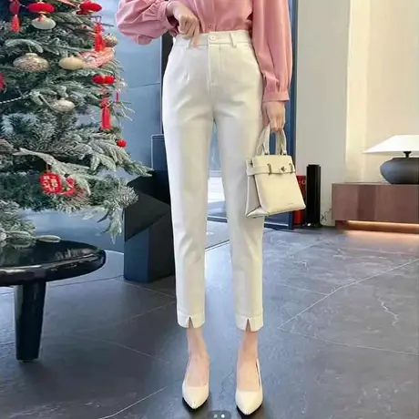 白色开叉西装裤女小个子九分烟管裤夏季薄款高腰百搭小脚休闲裤子图片