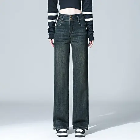 牛仔阔腿裤女秋季高腰显瘦品质水洗复古休闲裤大码双扣窄版拖地裤图片