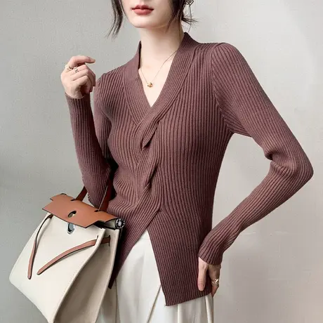 交叉扭结V领针织打底衫2023春季女新款修身显瘦纯色西装内搭上衣商品大图