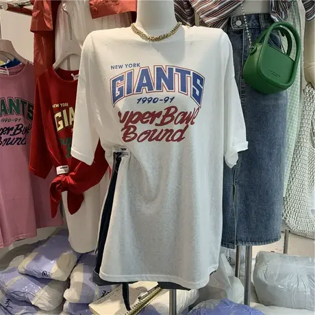 短袖t恤女2021夏季新款韩版ins潮时尚开叉字母印花宽松中长款上衣商品大图