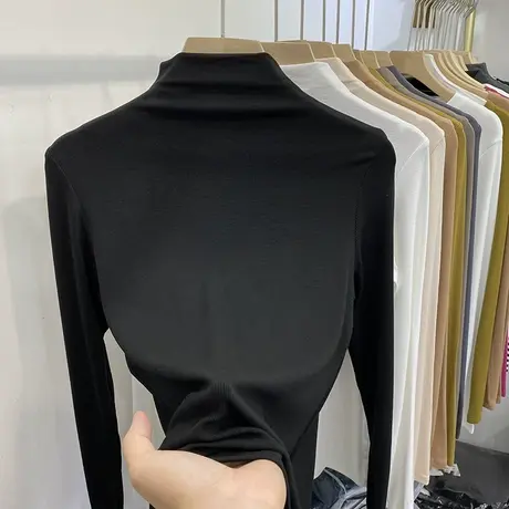 半高领打底衫女士2023秋冬新款纯色百搭修身套头上衣螺纹长袖T恤商品大图