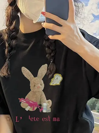 仿棉白色字母宽松短袖T恤女夏2023新款黑色欧货大版中长款上衣ins商品大图