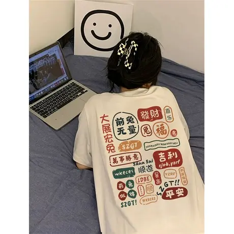 纯棉重磅兔子印花短袖t恤女2023春夏新款宽松设计感潮牌大码上衣图片