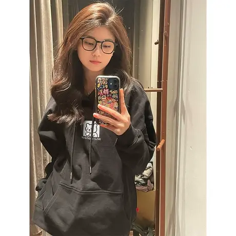 oversize兔子印花卫衣女秋冬加绒加厚ins潮牌国潮设计感宽松外套商品大图