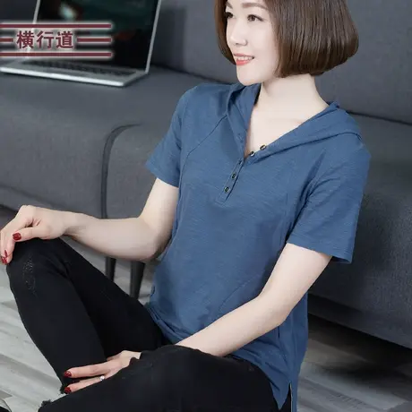 夏装2023中年妈妈连帽短袖t恤女上衣夏季女装大码胖MM带帽衫半袖商品大图