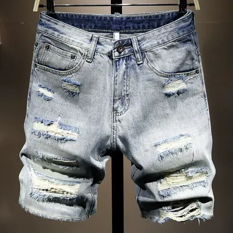 夏季薄款潮牌破洞牛仔裤短裤男乞丐裤男五分裤浅色中裤男马裤子男商品大图