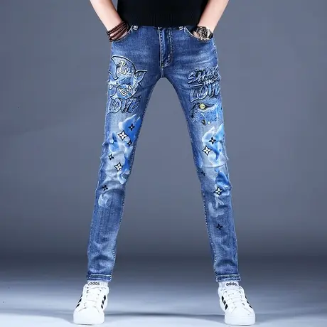 男士高端轻奢印花牛仔裤男款修身小脚裤子男秋款薄款休闲弹力百搭商品大图