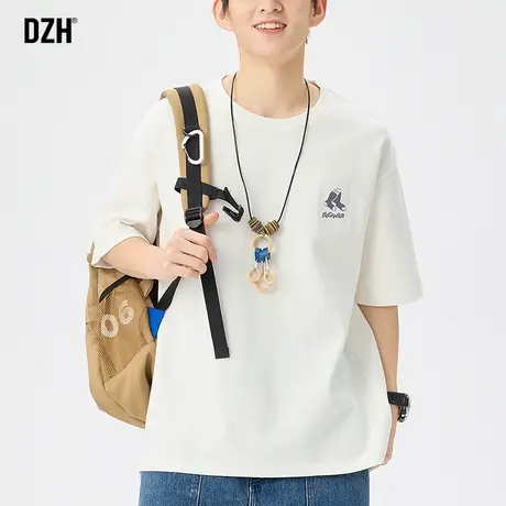 男生白色纯棉t恤男夏季短袖2023新款圆领刺绣上衣半截袖宽松体恤商品大图