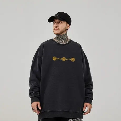 2024龙年加肥加大码圆领重磅复古胖子男装宽松加绒做旧卫衣春秋冬图片