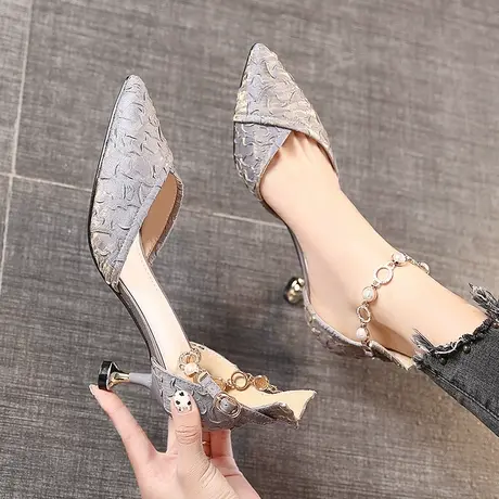 2021年夏季新款法式小高跟鞋百搭尖头细跟一字带甜美温柔中空凉鞋商品大图