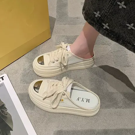 半拖鞋女2023新款春夏网红休闲风厚底松糕无后跟懒人鞋港风小白鞋图片