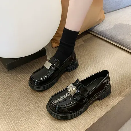 乐福鞋女2024年新款春秋季小众粗跟单鞋一脚蹬懒人超火英伦小皮鞋商品大图