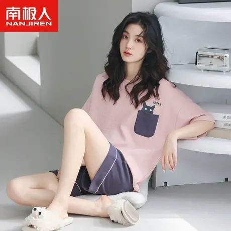 南极人睡衣女士夏季纯棉短袖短裤套装2023年新款华夫格小猫家居服商品大图