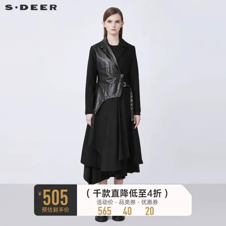 sdeer圣迪奥秋冬西装领PU拼接收腰长款毛呢大衣S21481809图片