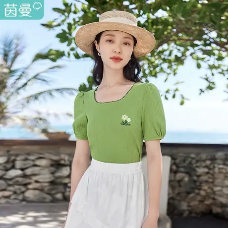 茵曼文艺花边U型大圆领短袖T恤2023夏女装新款宽松针织灯笼袖上衣商品大图