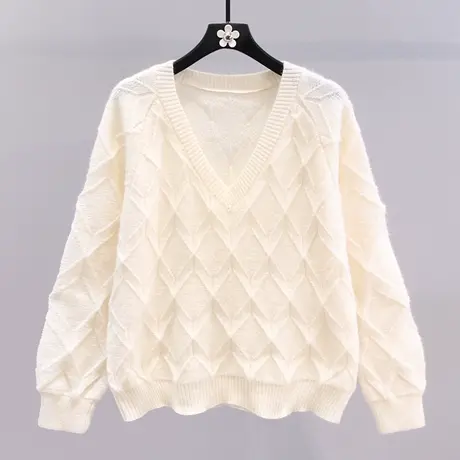 菱形格薄款V领毛衣女2023春装新款宽松慵懒风洋气长袖打底针织衫图片
