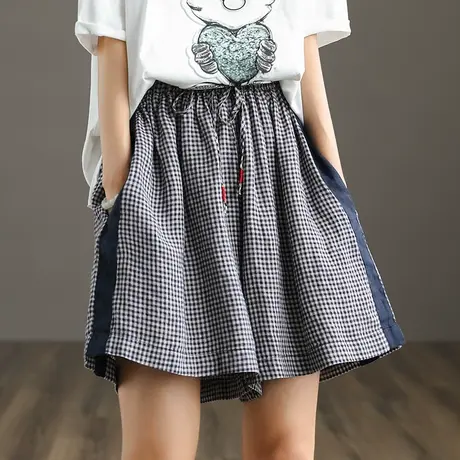 dza 亚麻短裤五分休闲格子裤2022新款棉麻裤子夏季薄款宽松阔腿裤图片