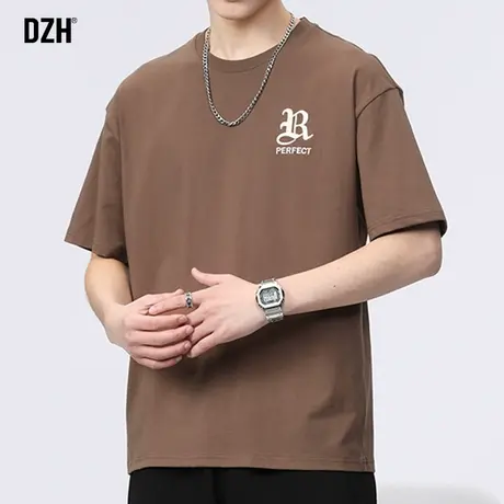 男士咖色t恤男纯棉夏季潮牌男装2023新款圆领短袖男款上衣体恤衫商品大图