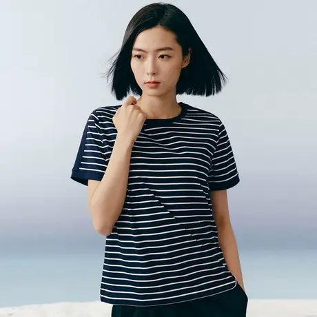 【冰立方】三枪女生T恤凉感冰泉棉抗菌彩条圆领短袖女24382商品大图