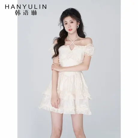 韩语琳挂脖连衣裙女夏季提花系带蛋糕伞裙2023新款在逃公主短裙子图片
