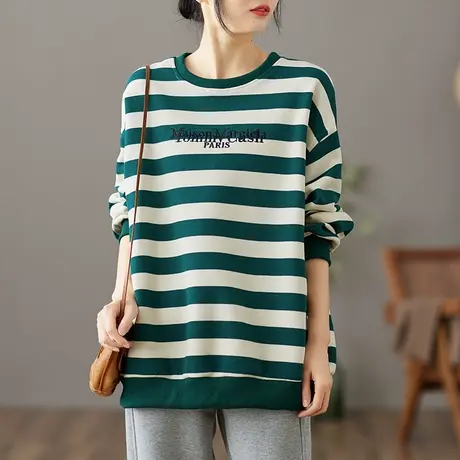 dza 文艺复古纯棉圆领条纹卫衣女士2022新款春季百搭套头休闲上衣图片