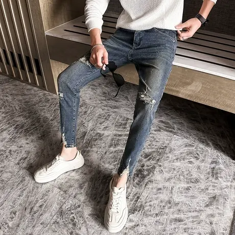 2023秋季新品个性破洞刮烂牛仔裤男修身小脚裤潮牌铅笔裤水洗长裤图片