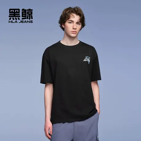 海澜之家旗下黑鲸后背印花短袖T恤男2025年圆领套头衫短t男宽松图片