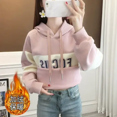 加绒加厚卫衣女2023年秋冬新款宽松慵懒风字母外套设计感连帽上衣商品大图