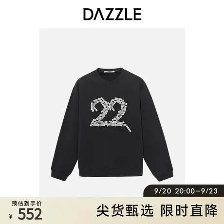 DAZZLE地素奥莱黑色纯棉字母印花钉珠设计宽松休闲套头卫衣女图片