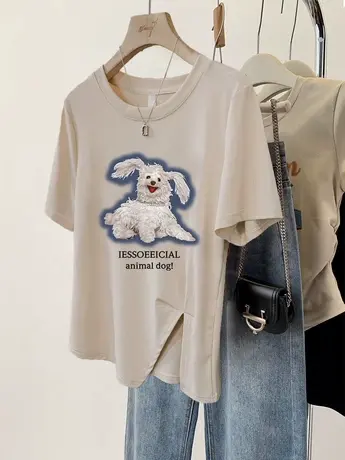 T恤女夏胖mm显瘦遮肚子设计感开叉下摆ins潮大码韩版休闲短袖上衣商品大图