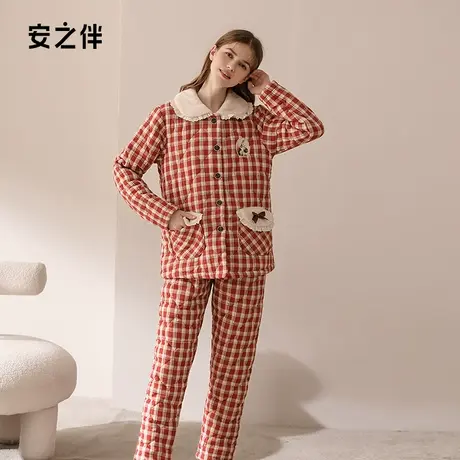 安之伴睡衣女冬季色格子三层夹棉加厚套装甜美减龄宽松家居服图片