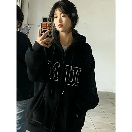 韩风chic上衣秋大码宽松薄款连帽卫衣女ins潮牌复古小众开衫外套商品大图