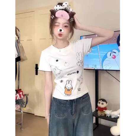 爆款韩系可爱兔子印花t恤女短袖夏季修身显瘦正肩小个子短款上衣图片