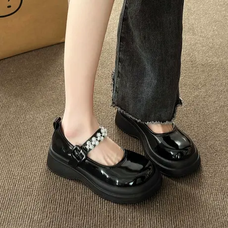 英伦风小皮鞋女2023秋季新款百搭圆头厚底增高法式复古玛丽珍单鞋商品大图