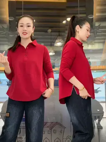 时尚卫衣T恤女2023年秋季新款纯色polo领休闲遮肚显瘦套头上衣潮商品大图