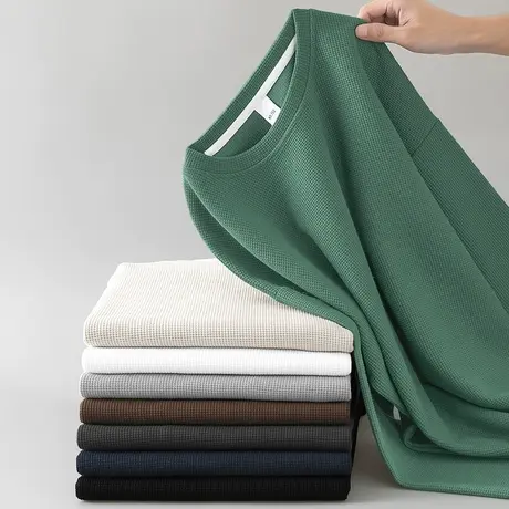 2023新款华夫格卫衣男春秋冬摇粒绒保暖加绒加厚无帽纯色长袖t恤商品大图