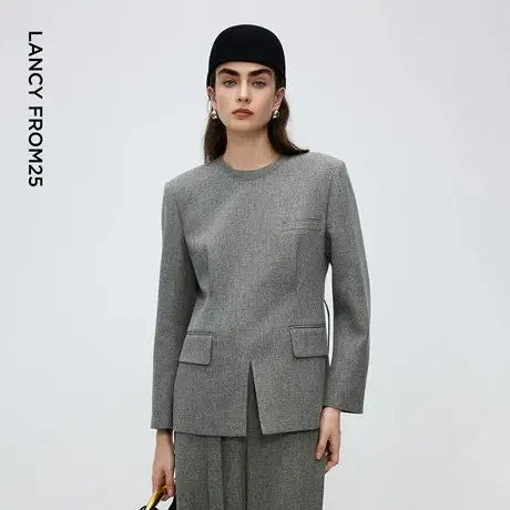 朗姿灰色圆领设计感前开叉高级感西服短外套女士2025年冬季新款图片