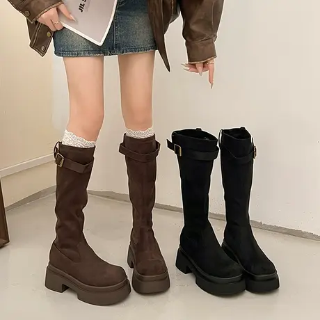 美拉德棕色长筒靴女2025新款复古弹力瘦瘦靴小个子厚底高筒骑士靴图片