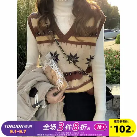 唐狮2025秋冬毛衣女复古几何V领套头针织马甲外穿高级感百搭上衣商品大图