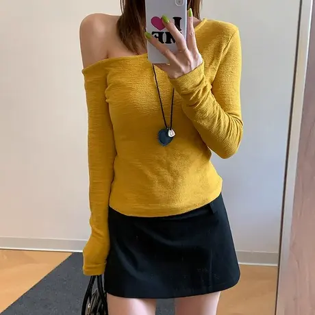 辣妹纯欲风斜肩露肩长袖T恤女早春秋修身韩版内搭外穿打底衫上衣商品大图