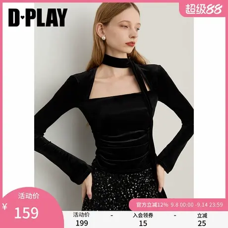 DPLAY2025年秋季新款黑色t恤女气质飘带设计长袖上衣修身打底衫商品大图