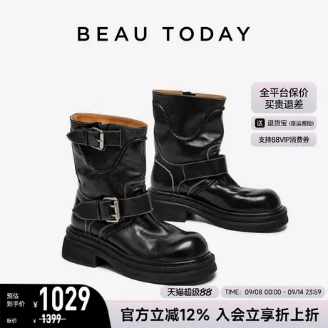 BeauToday黑色短靴女2025新款粗跟厚底骑士靴真皮英伦风西部靴子商品大图