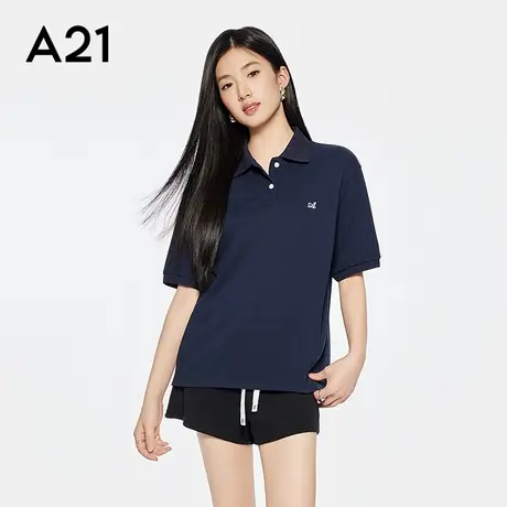 A21女装宝蓝色宽松显瘦薄款T恤2025夏季新款简约休闲百搭翻领上衣商品大图