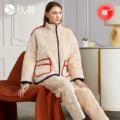 秋鹿法兰绒三层加厚夹棉睡衣女秋冬新款加绒保暖棉袄家居服可外穿商品大图