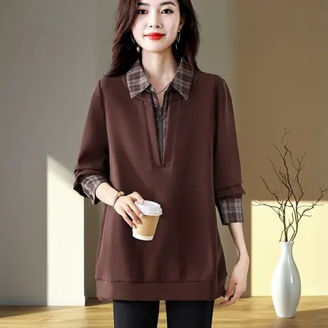 无帽假两件卫衣女新款2025早秋长袖中年妈妈上衣秋冬休闲大码胖mm商品大图
