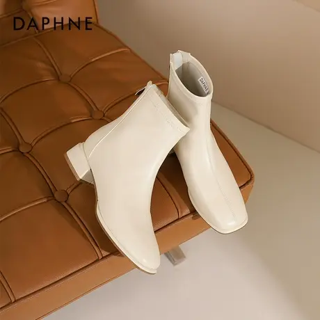 达芙妮法式靴子女2024新款秋季方头粗跟短靴百搭瘦瘦靴白色马丁靴图片